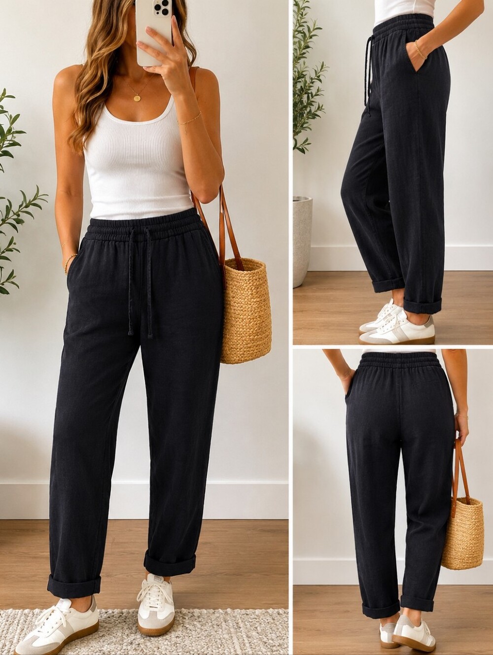 Women's Linen Blend Black Drawstring Jogger Pants